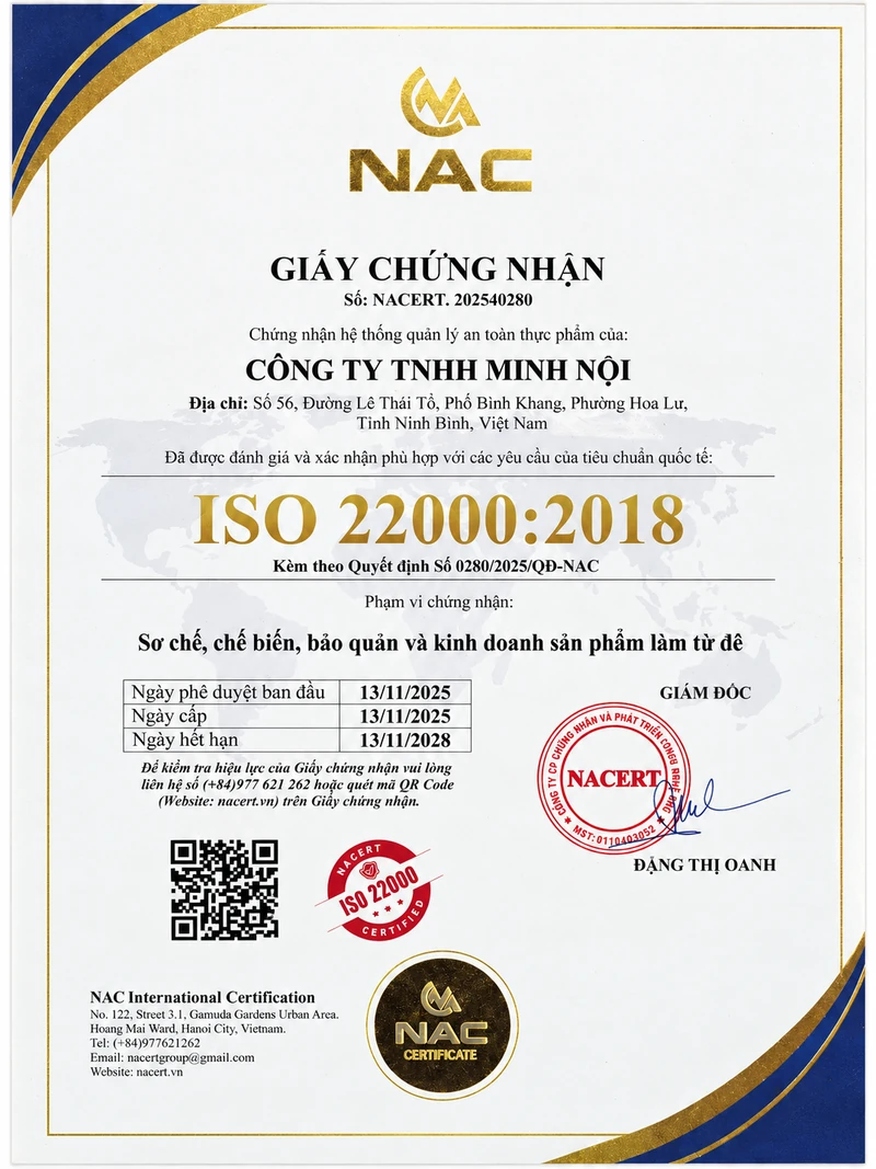 Chứng nhận ISO 22000:2018 của Công ty TNHH Minh Nội