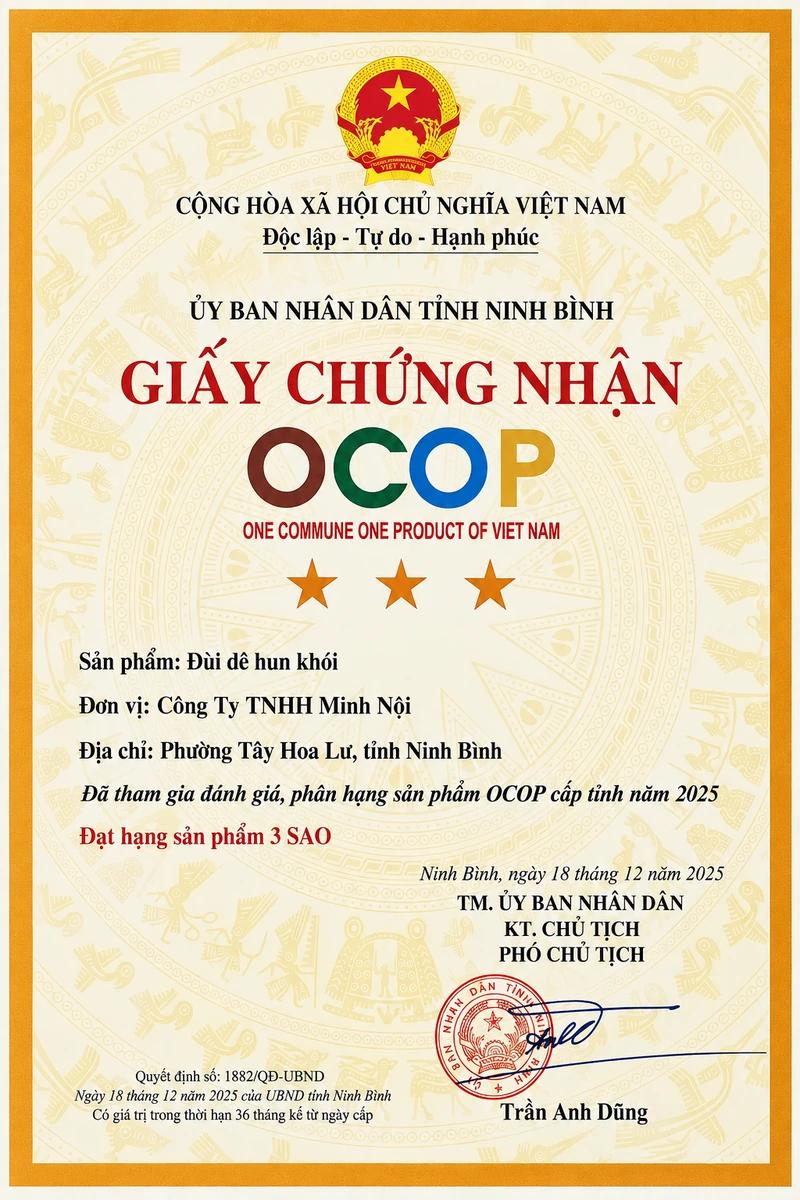 Chứng nhận OCOP 3 sao cho sản phẩm đùi dê hun khói Minh Nội