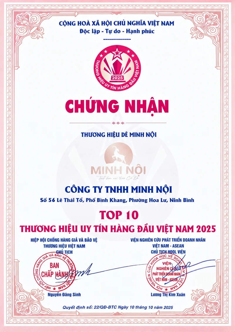 Chứng nhận Top 10 Thương hiệu uy tín hàng đầu Việt Nam 2025
