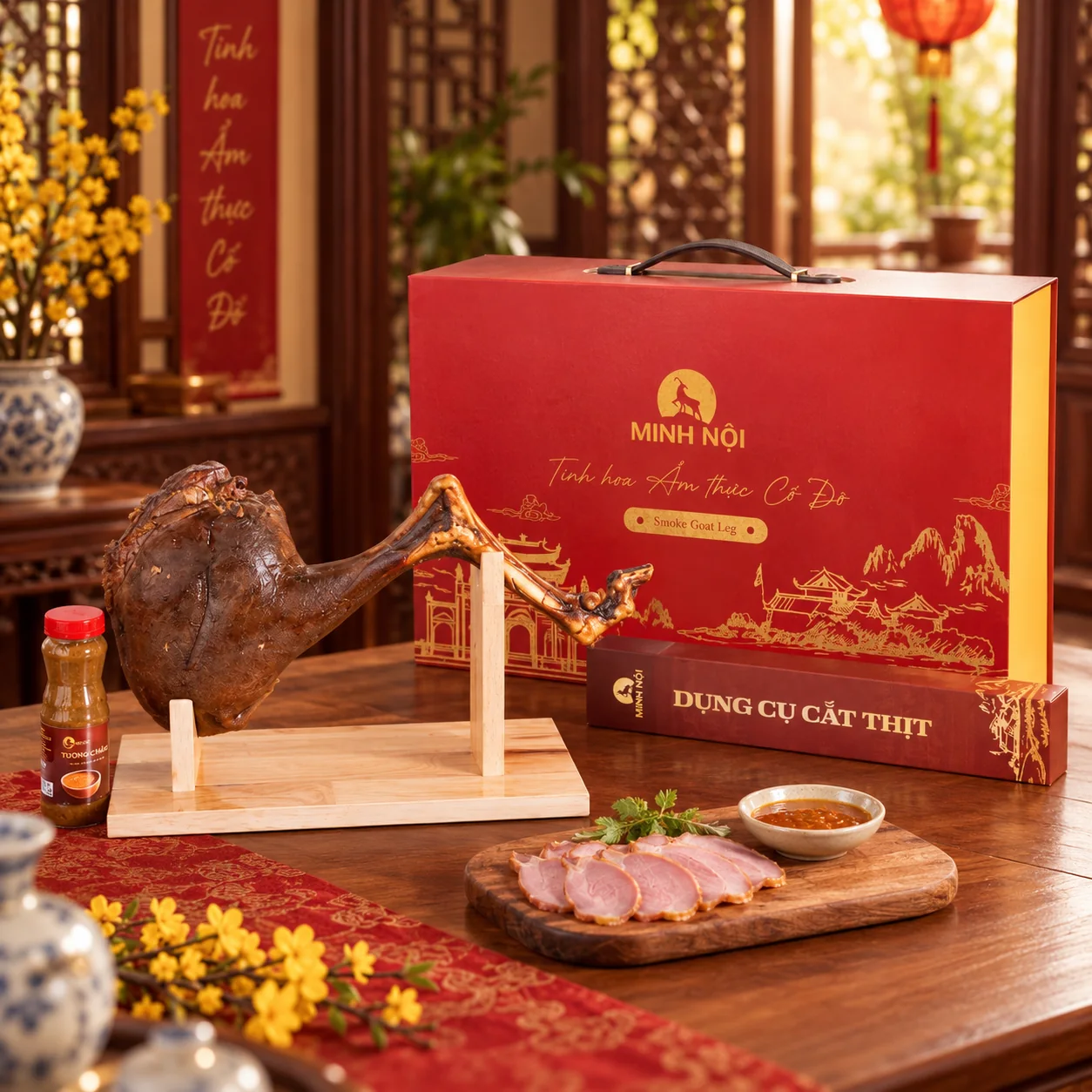 Đùi dê hun khói Minh Nội trên giá gỗ, bên hộp quà màu đỏ đô