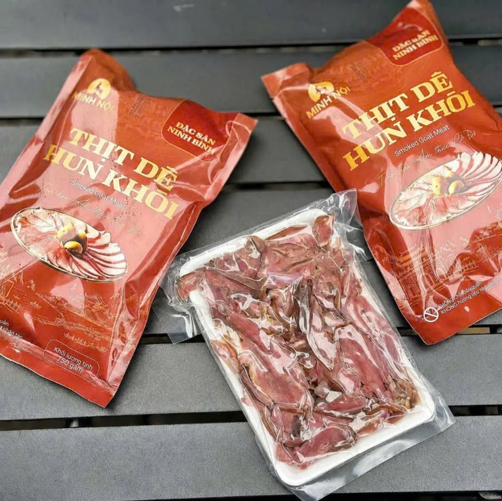 Thịt dê hun khói thái lát và bao bì Minh Nội